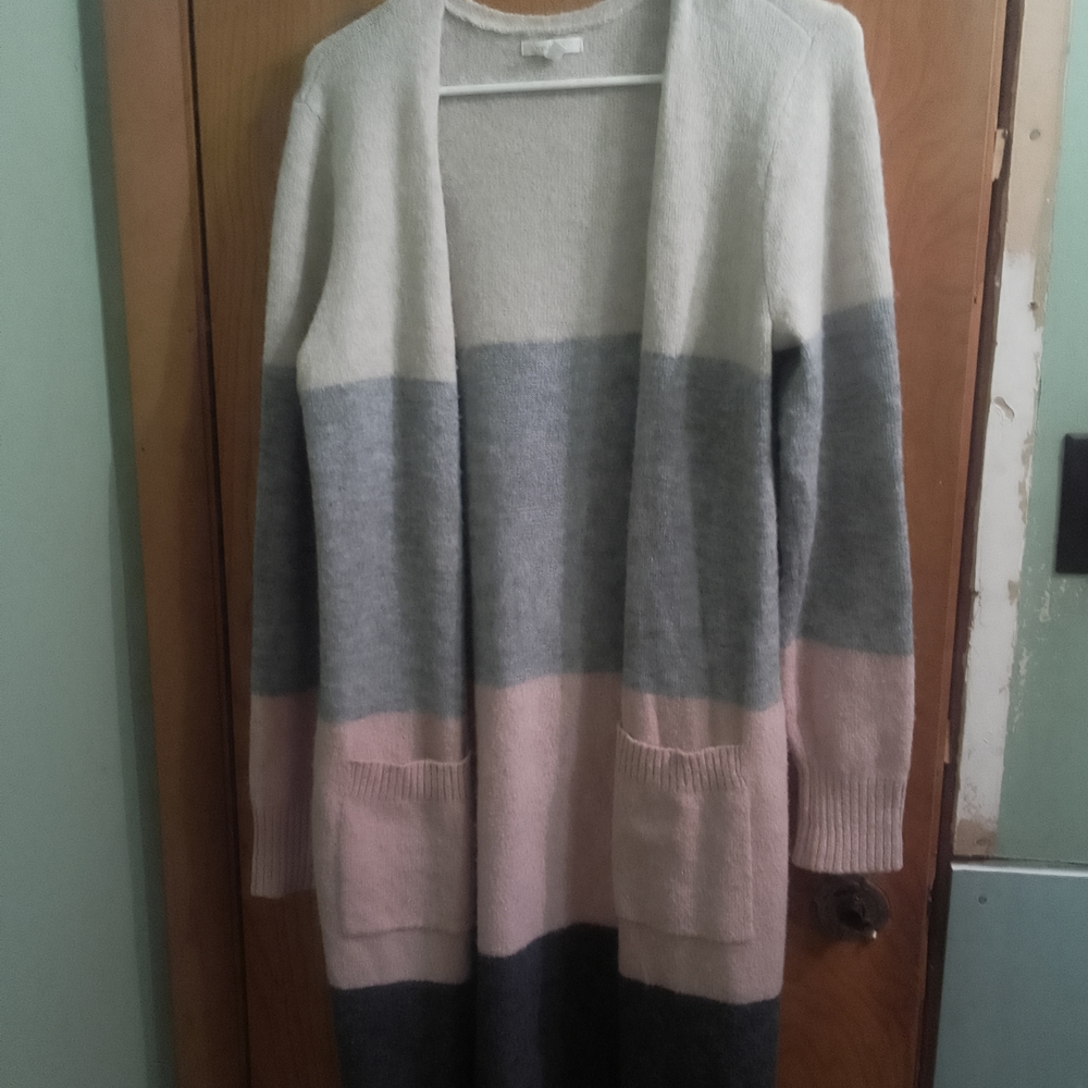 Maurices Striped‎ Open Front Cardigan in Cream, Gray, and Pink